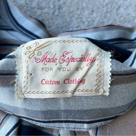 Vintage 70s Striped Mod Dress Handmade A-Line Short Sleeve Navy Tan Retro S/M - Picture 6 of 8